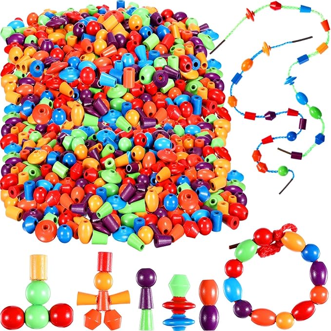 Shappy 324 Pcs Wooden Lacing Beads for Wooden String Beads Threading Toys Montessori Lacing Toys Fine Motor Skills Developmental Educational Plaything Sensory Occupational Activities Autism OT