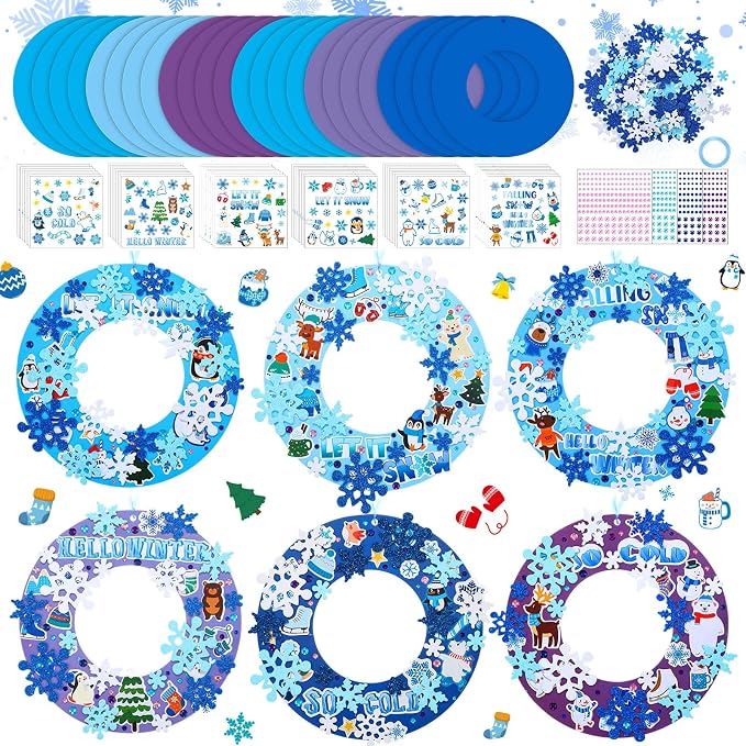 Hollowfly 48 Sets Winter Snowflake Wreath Craft Kits | Snowman, Penguin, Elk, Sweater and Snowflake Stickers, 7.09 in Paper Wreaths, for Winter and Christmas Group Activities