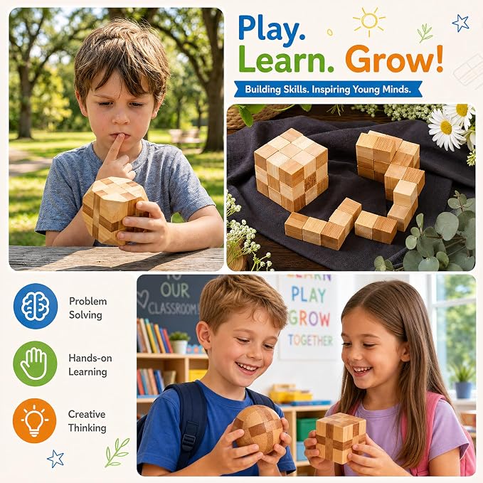 4 Pack Wooden Puzzle Brain Teasers Toy for Kids 3D Puzzles for Teens | Wooden Logic Puzzle Wood Snake Cube Magic Cube Magic Ball Brain Teaser Intellectual Removing Assembling Toy