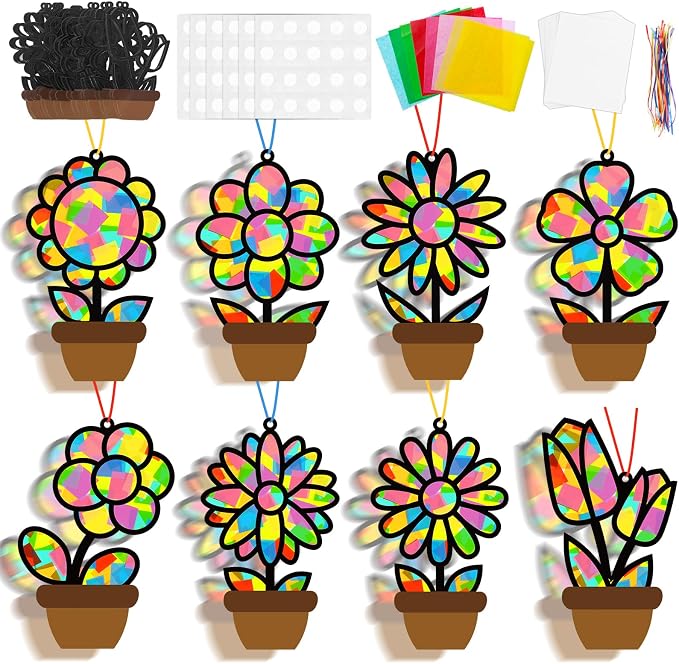 Lonfliness 32 Sets Flower Spring Suncatchers Crafts Kit DIY Flower Pot Window Stained Glass Effect Paper Floral Home School Classroom Decoration Art Craft Creative Activity Project Gift Favor