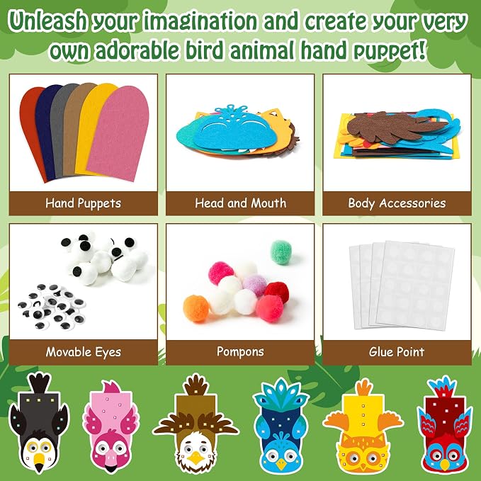 WATINC Hand Puppet Making Kit, Felt Sock Puppet Toys for Kids (Bird A) | 6 Styles, Make Your Own Storytelling & Role Play Crafts, Creative Group Activity, Party Favors & Gifts for Kids Ages 4-8