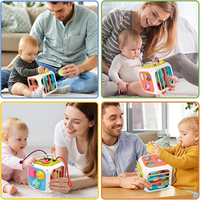 MINGKIDS 7 in1 Baby Sensory Montessori Activity Cube Toys, Shape Sorter Early Learning Toys,Developmental Infant Birthday Gifts for Toddler Age 1 2 3