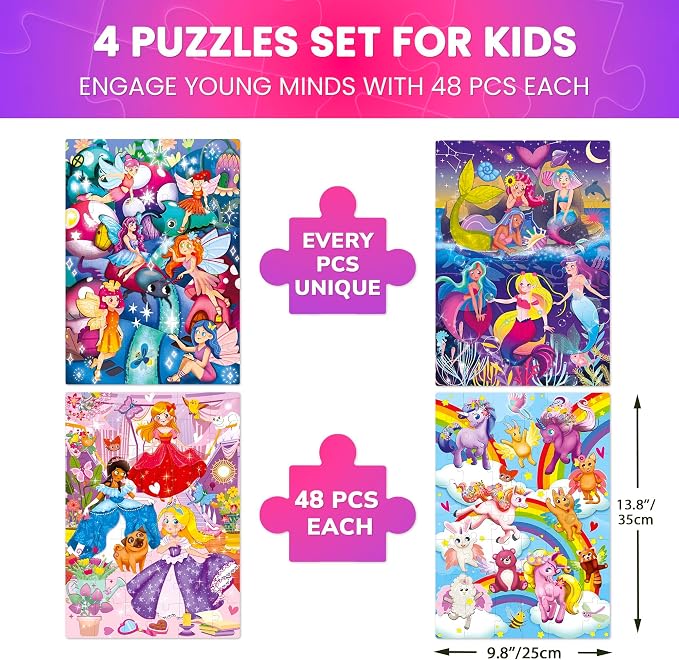 48 Piece Puzzles for Kids Ages 4-6 - 4 Jigsaw Kids Puzzles Ages 3-5 | Learning Fairy Tales - Jigsaw Puzzle Game for Boy and Girl 4-8 Year Old - Educational Toys for Toddlers