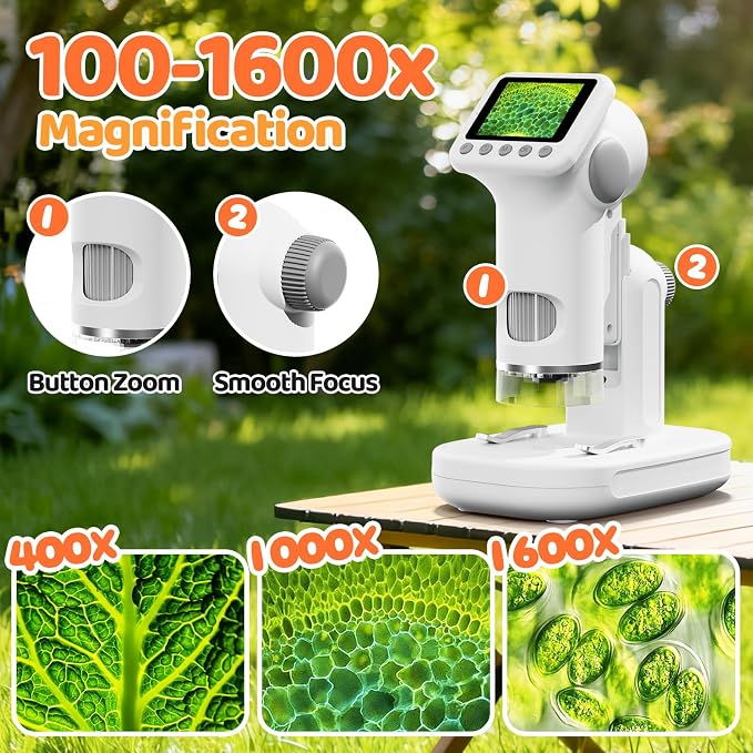 1600X Microscope for Kids, 2.0" Screen Kids Microscopes with Slides Kit Microscope for Toddlers Christmas Birthday Gifts Toys for 3-14 Year Old Children Students (White)