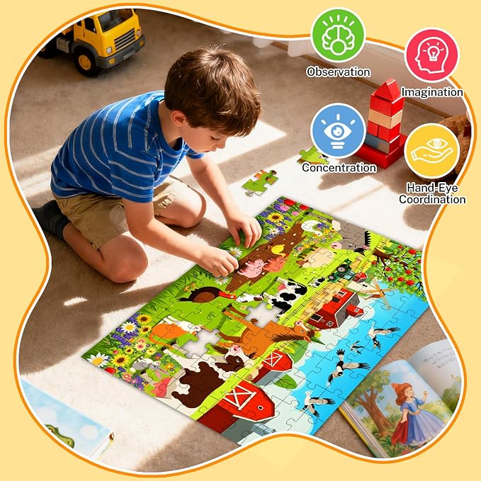 4-Pack 100 Piece Puzzles for Kids Ages 4-6 6-8 8-10 10-12, Farm Desert Polar Seaworld Kids Puzzles Ages 3-5 4-6 5-8 8-10, Learning Educational Jigsaw Puzzles 100 Pieces, Gifts for Girls Boys 15x10in