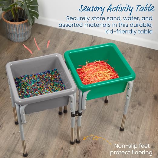 ECR4Kids 2-Station Sand and Water Adjustable Play Table, Sensory Bins, Grey/Emerald | Durable plastic/steel, GREENGUARD Gold Certified, 3-5 years, 80 lb capacity, adjustable legs, easy-lift lids, indoor/outdoor