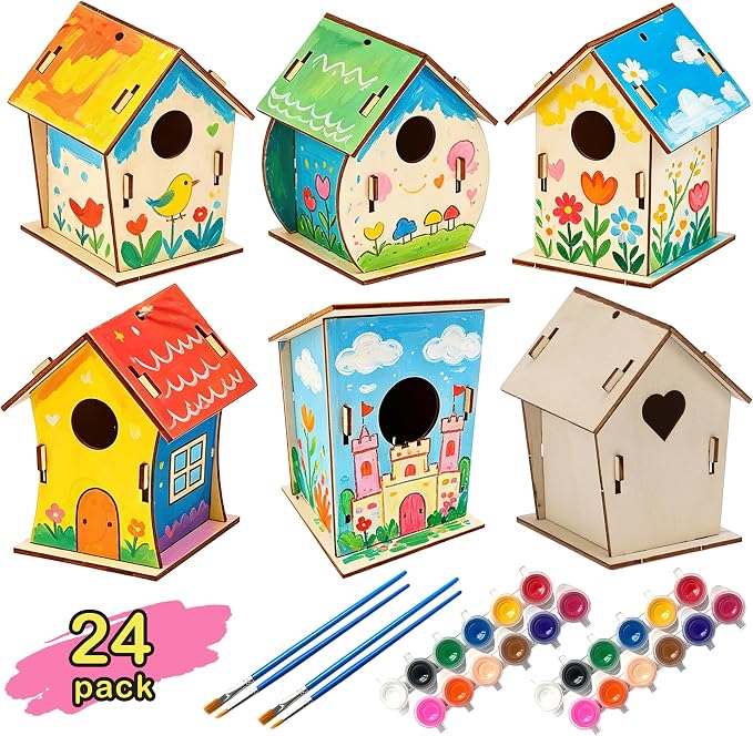 BlockPro 24 Pack Bird House Kits for Kids with Paint & Brushes, DIY Wooden Birdhouse Painting Set, Spring Summer Arts Projects, Educational Craft Gift for Birthday, Party, Parent-Child Activities