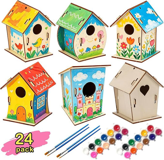 BlockPro 24 Pack Bird House Kits for Kids with Paint & Brushes, DIY Wooden Birdhouse Painting Set, Spring Summer Arts Projects, Educational Craft Gift for Birthday, Party, Parent-Child Activities