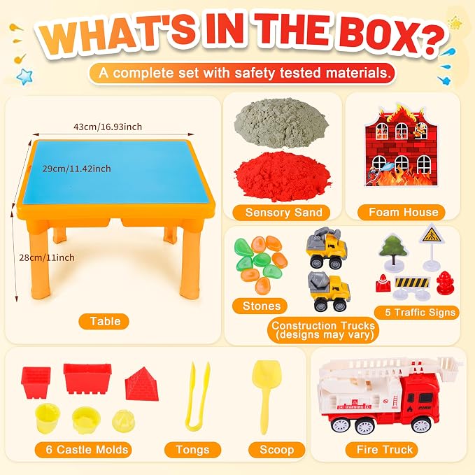 Carolart Construction Water & Sand Table, 2 in 1 Sensory Table Gift | Construction Firefighting Sensory Table with Lid, Standing Sensory Bin with Sensory Sand, Indoor Outdoor Kit for toddlers