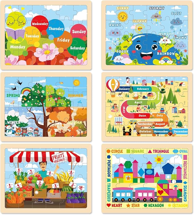 Montessori Wooden Puzzles for Toddlers 3-5, 6 Packs 24Pcs Solar System Learning Toys, Educational Preschool Puzzle Set, Toys for Kids Age 3 4 5 6 7 8, Birthday Gift for Boys Girls（Season）