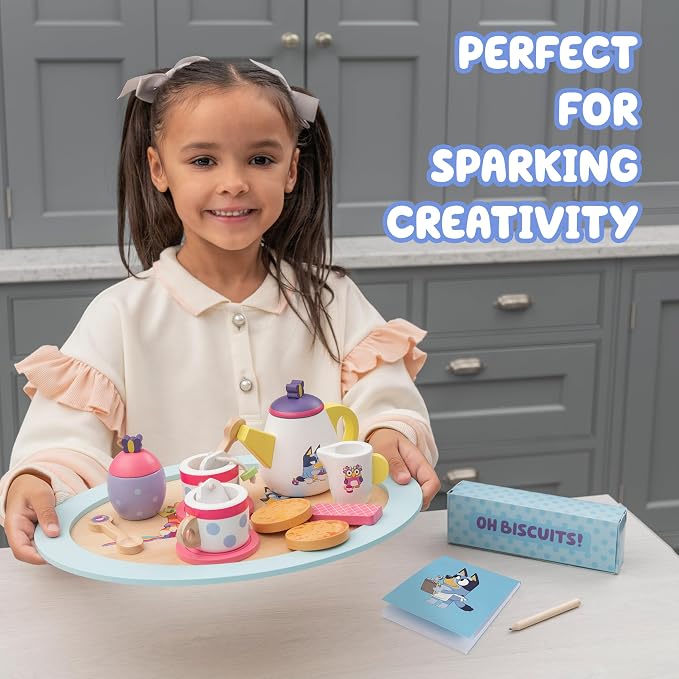 Bluey Wooden Tea Party Set, 18-Piece Toy Tea Set for Toddlers | Includes tray, teapot, cups & more for pretend play; durable wooden Bluey toy for kids ages 3+