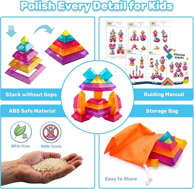 32-Piece Building Blocks, Sensory Pyramid Stacking Toys for Kids Ages 3+ | STEM & Montessori Preschool Toys, Light Table Compatible Building Set - Ideal Gift for Boys & Girls Ages 3 4 5 6