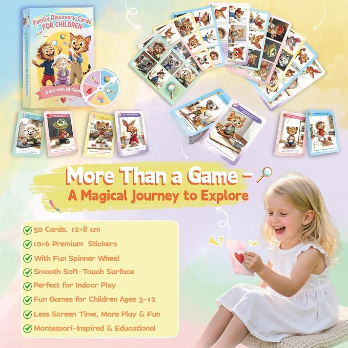 50 Indoor Discovery Cards for Kids 3–12 – Montessori Screen-Free Activity Set | 5 Themes | Spinner & Reward Stickers | Fun Game for Home & School Stocking Stuffers
