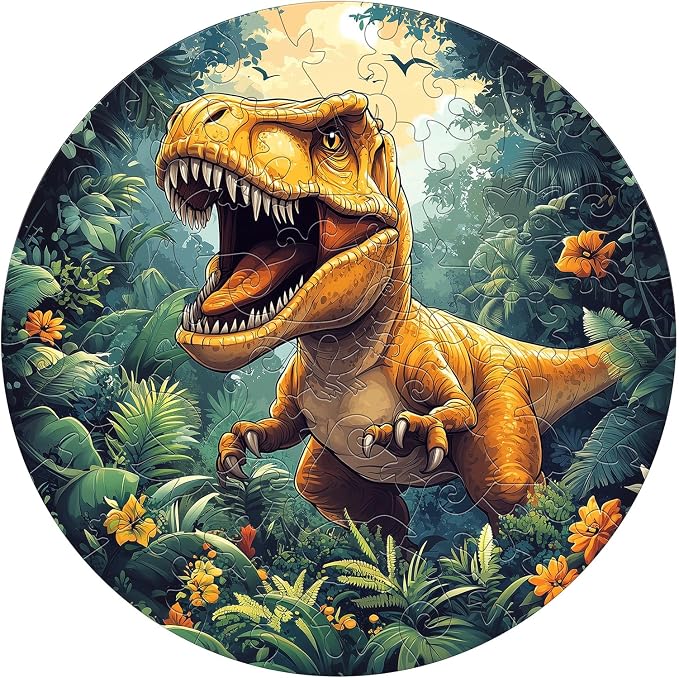 Wooden Puzzles for Kids - Dinosaur Tyrannosaurus Rex | 50 Piece Puzzles for Kids Ages 4-6 - Kids Puzzle with Unique Animal Shapes - Round Puzzles for Boys and Girls (11.4 * 11.4in)