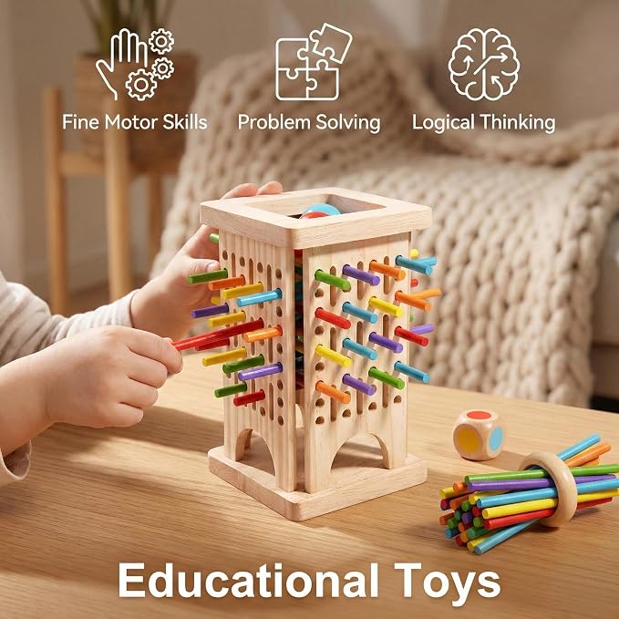 Wooden Stick Pulling Game Fine Motor Skill Strategy Board Games | STEM Logic Brain Teaser Hand Eye Coordination Focus Training Autism ADHD Sensory Therapy Family Party Activity Color Sorting