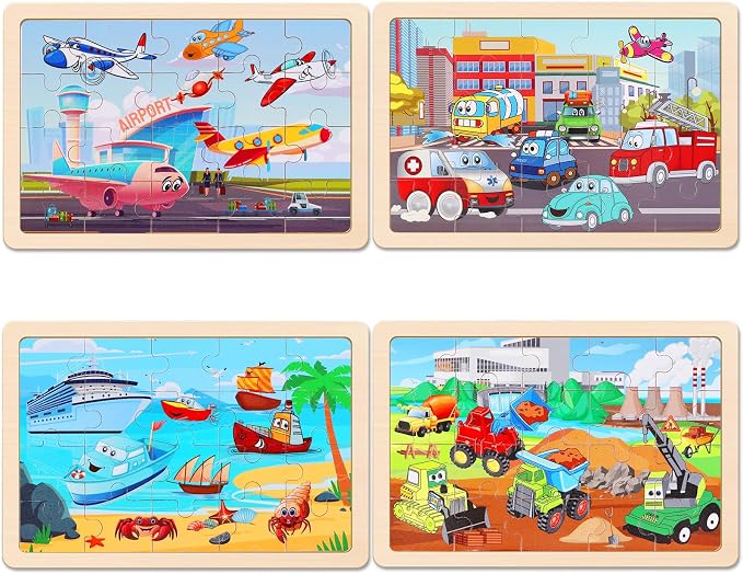 Wooden Educational Jigsaw Puzzles for Preschool Kids Ages 3-5, 4-Pack with 20 Pieces Transportation Wood Jigsaw Puzzles Set, Preschool Gifts for Boys Girls Ages 3 4 5 6