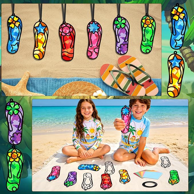 Qyeahkj 36 Set Flip Flops Suncatchers Craft for DIY Summer Tropical Luau Tissue Paper Craft Kit Hawaii Beach Slipper Stained Glass Window Ornaments Decoration for Home Art Project Party Favor Gift