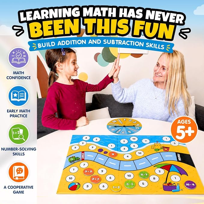 Number Dash Math Games for Kids 5-7, 1st Grade & Kindergarten Board Game | Addition and subtraction Cooperative game, homeschool &, classroom learning, STEM toy for 5+ year old