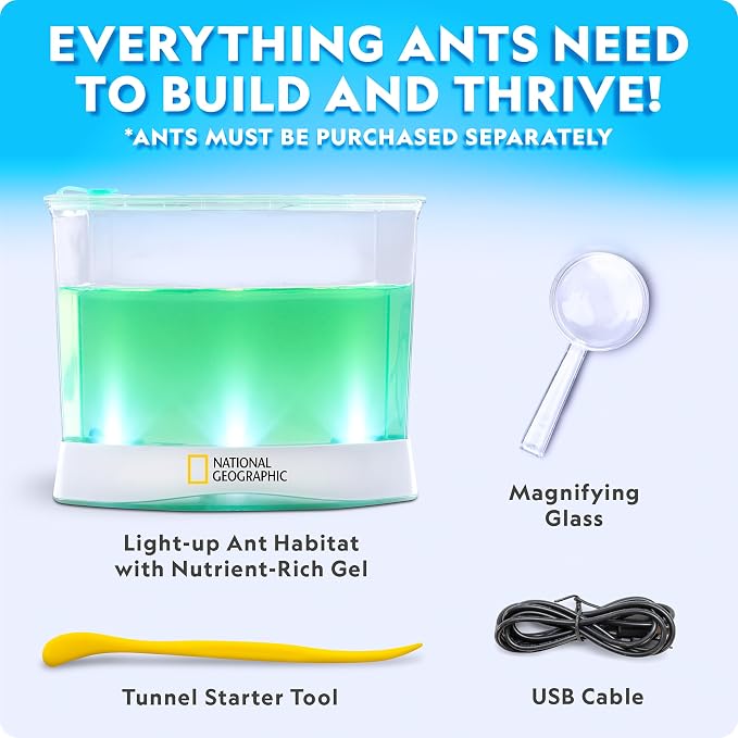 National Geographic Light-Up Ant Habitat Kit for Kids with Magnifiers | Light-Up Ant Terrarium, Built-In Magnifiers, Tunnel Starter Tool, 360-Degree Viewing, Insect Habitat, STEM Activity