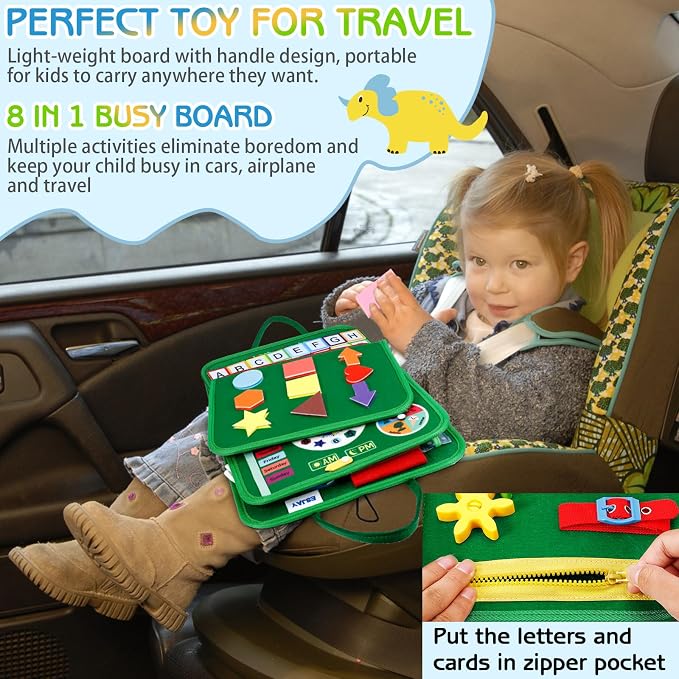 Esjay Busy Board Montessori Toys for Boys and Girls, Sensory Book Educational Activities for Learning Fine Motor Skills, Birthday Gifts, Travel Toys for Airplane Car, Green Multipages