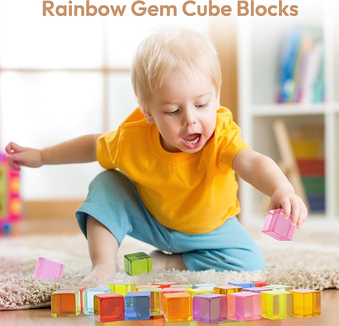 Woodtoe 36 PCS Rainbow Acrylic Gem Blocks, Wooden Blocks for Kids Ages 3-6 | Montessori Stacking Toy, Educational STEM Activity, Creative Construction Play, Includes 3 Wood House, Gift for Boys Girls