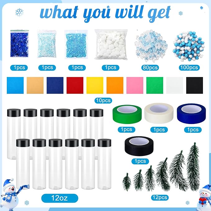 12 Pcs Weather Sensory Bottle Kits 13.5oz Plastic Calm Down Bottle with Lids Glitter Sequin Filler Acrylic Ice Cubes Snowy DIY Calm Down Jar Kit for Froze Party Favors Relieving Anxiety