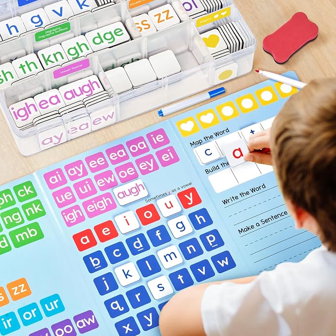 JoyCat 265 Phonics Magnetic Letter Tiles, ABC Word Building Kit with Folder | 265 phonics letter tiles with word-building folder help kids for preschool classrooms and homeschool learning.
