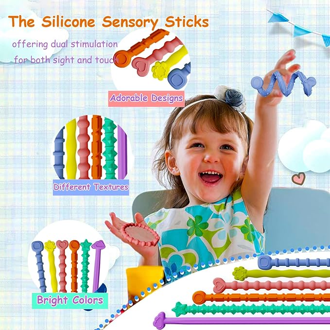 Tendry Sensory Sticks Fidget Toys for Adults & Kids, 6PCS Textured Anxiety Relief Items for Autism ADHD, Silicone Fidgets for Classroom Calm Down Corner Supplies （3 Yeas+）