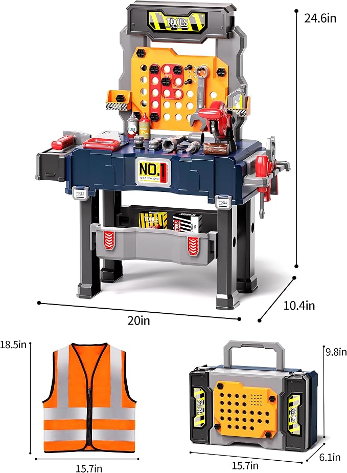 Deejoy Kids Tool Bench with Electric Drill and Engineer Vest | 3-in-1 Toddler Workbench and Costume Set, Construction Toys for Boys 3-5, Engineering Role Play Kit for Toddlers Age 3 4 5 6