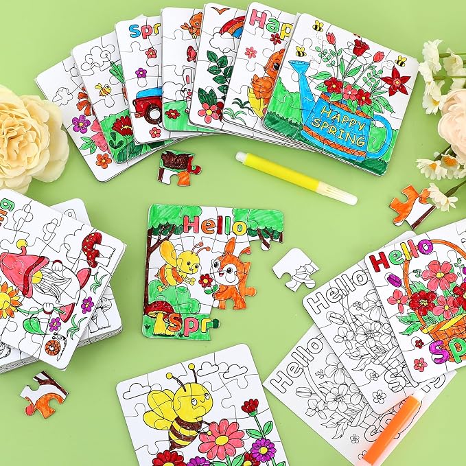 24Pcs Spring Arts and Crafts for Kids & Adults Bulk, Spring DIY Craft Puzzle Kit with Flower Butterfly Bee Bunny, Easter Activities Jigsaw for Classroom Party Favors April Gift Break Projects Supplies