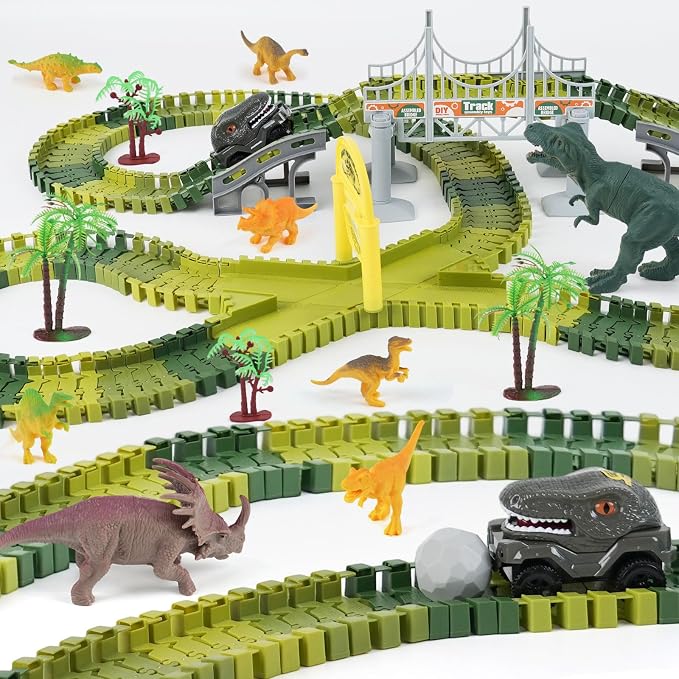 Dinosaur Race Car Track Toys for Kids, Birthday Gifts for 3 4 5 6 7 Year Old Boys Girls, 255+ PCS Dinosaur World Adventure Building Playset with Flexible Track, DIY A Dinosaur World Road Race