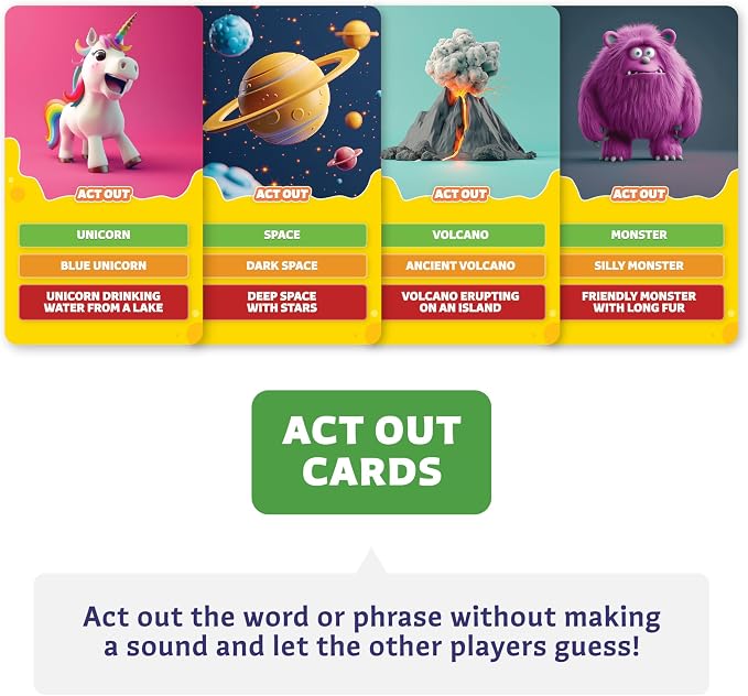 Epic Charades for Kids, Fun Family Game for Kids & Adults, 200 Cards | Act out & explain prompts, pictures for young kids, 3 difficulty levels, educational card game & board game for kids 8-12