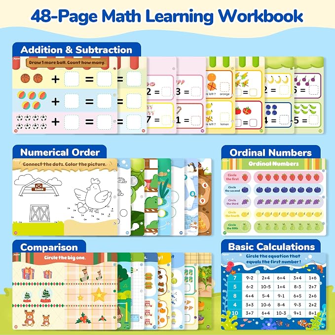 JoyCat Math Busy Book for Toddlers Reusable Preschool Workbook for Ages 3–8 | with 10 Dry-Erase Markers, Number Tracing & Counting Activity Book for Kids, Kindergarten Learning Activities, Travel-Ready