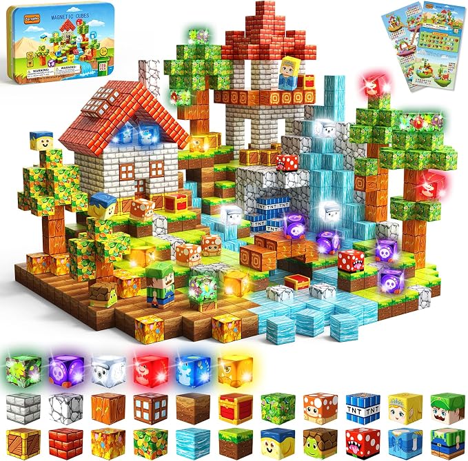 116 PCS Mini Magnetic Blocks Building Toys with 7 Light-Up Cubes, Portable Magnetic Travel Blocks with Iron Case for Kids Aged 3+, Educational Toy for STEM & Construction Learning