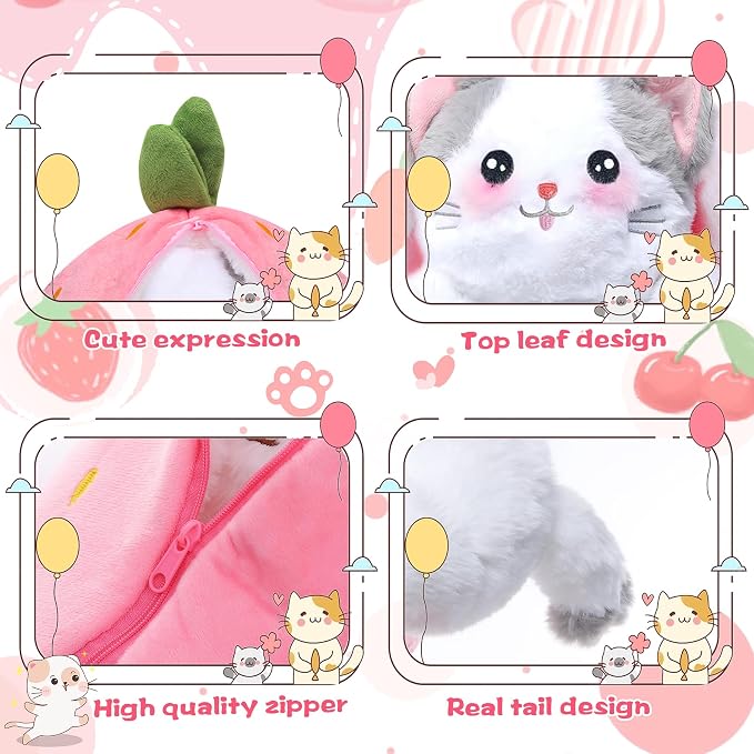 MIAODAM Reversible Strawberry Cat Plush, Kawaii Squishy Stuffed Animal Toy | Cute Strawberry Turn Into Cat Plush, Funny Plushies Toy for Kid & Adult (Strawberry Cat, 11.8inch)