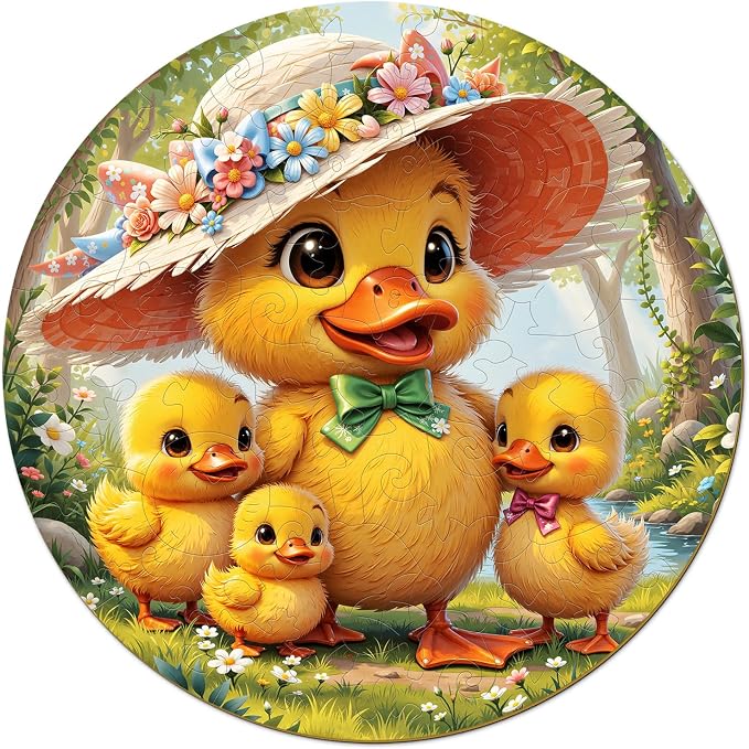 Animal Wooden Puzzles for Kids - Family Duck | 50 Piece Puzzles for Kids Ages 6-8, Kids Puzzles with Unique Animal Shapes, Round Gift for Girls and Boys (11.4 * 11.4 in)