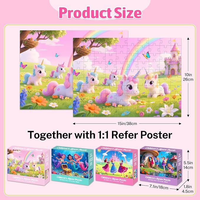 100 Piece Puzzles for Kids Ages 4-6 6-8 8-10, Unicorn Mermaid Fairy Princess Jigsaw Puzzles 100 Pieces Kids Puzzles Ages 3-5 4-6 5-8, Educational Learning Toys Gifts for Girls Boys 4-Pack 15"x10"