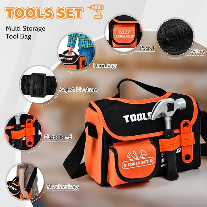 Kids Tool Set 49 PCS, Portable Tool Bag with Battery Powered Toy Drill & Adjustable Belt, Pretend Play Toddler Tool Set, Construction Toys for Boys & Girls Age 3-8, STEM Gifts