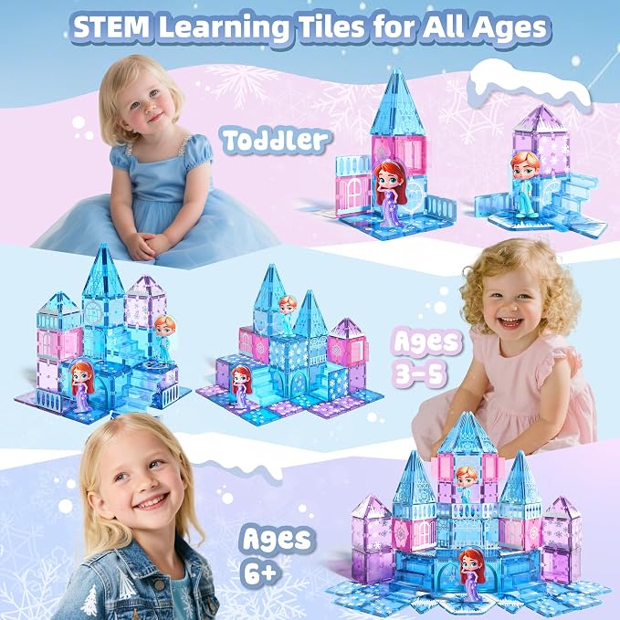 GobiDex Magnetic Building Blocks Princess Castle with 2 Dolls & Stairs | Princess Magnetic Tiles Building Toys for 3-8 Year Old Girls & Boys, 3 4 5 6 Year Old Girl Birthday Gifts, Creative STEM Toys