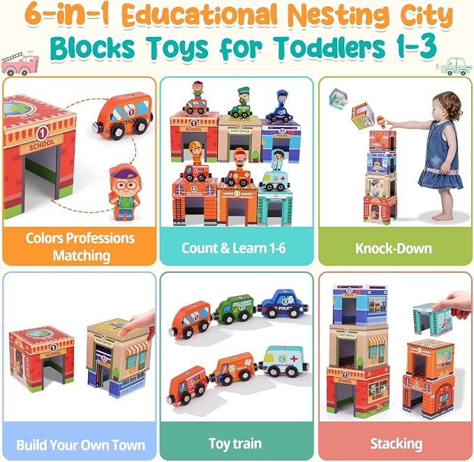 Montessori Sorting and Stacking Community Helpers Toys for Toddlers 1-3 | Number Blocks Nesting Boxes, Magnetic Wooden Car Preschool Toy, 1st First Birthday Gifts for 1-2 Years Boys Girls