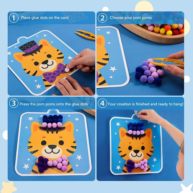Caydo Pom Poms Art & Crafts Kit for Kids Ages 3 4 5 6 | Easy Toddler Sensory Activity Kit, Build Fine Motor Skills & Hand-Eye Coordination, Gift for Girls and Boys