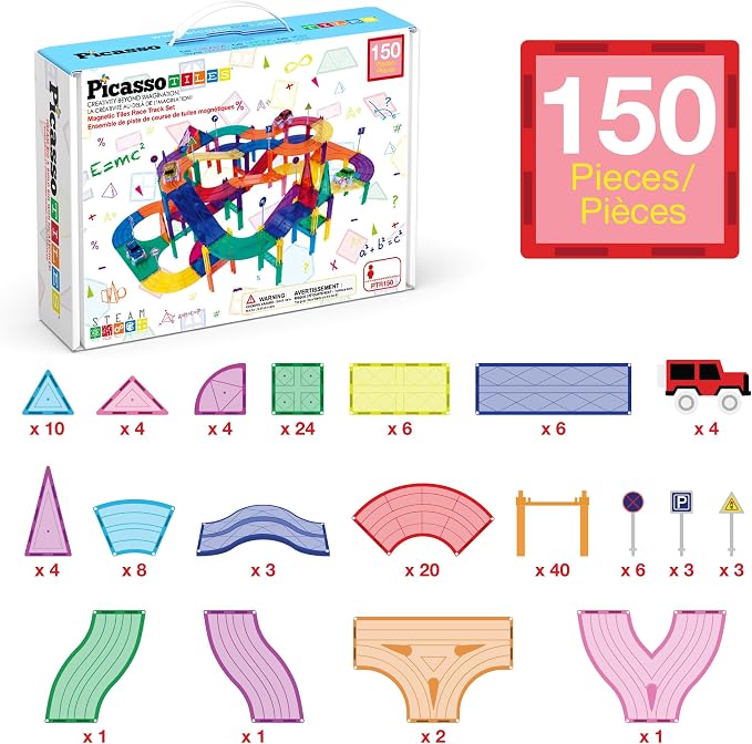 PicassoTiles 150 Piece Race Car Track, Magnetic Building Set with 4 Cars 3+ | BPA-free plastic, screen-free STEM fun, sharpens hand-eye motor skills, expands into full-size collections, smooth safe edges