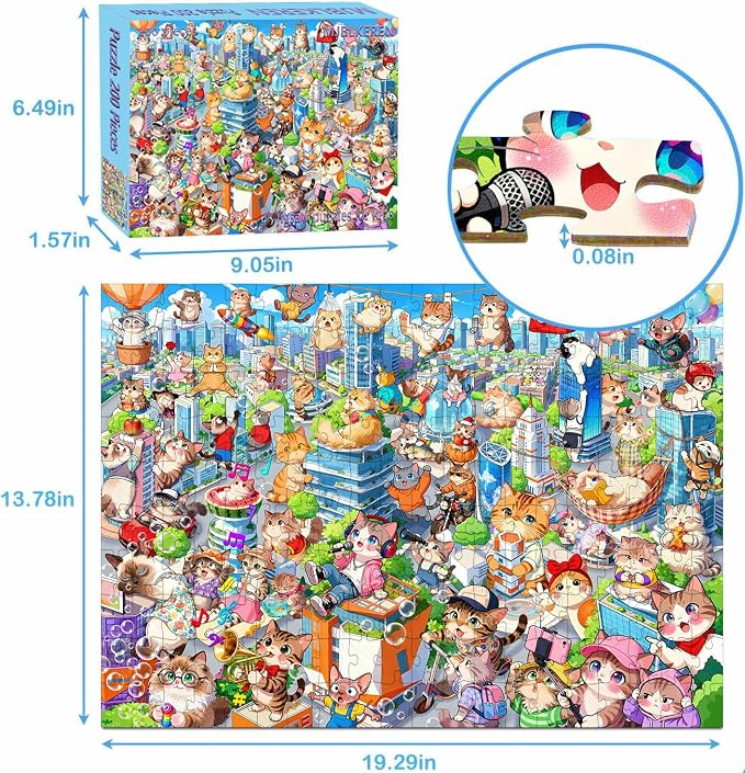 Puzzles for Kids Ages 6-8 8-10 - 200 Piece Puzzles - City Cats Puzzle | 200 Piece for Learning Educational Puzzles .Puzzles for 6 7 8 9 10 11 12 years old boys and girls.Learning Puzzle Toy