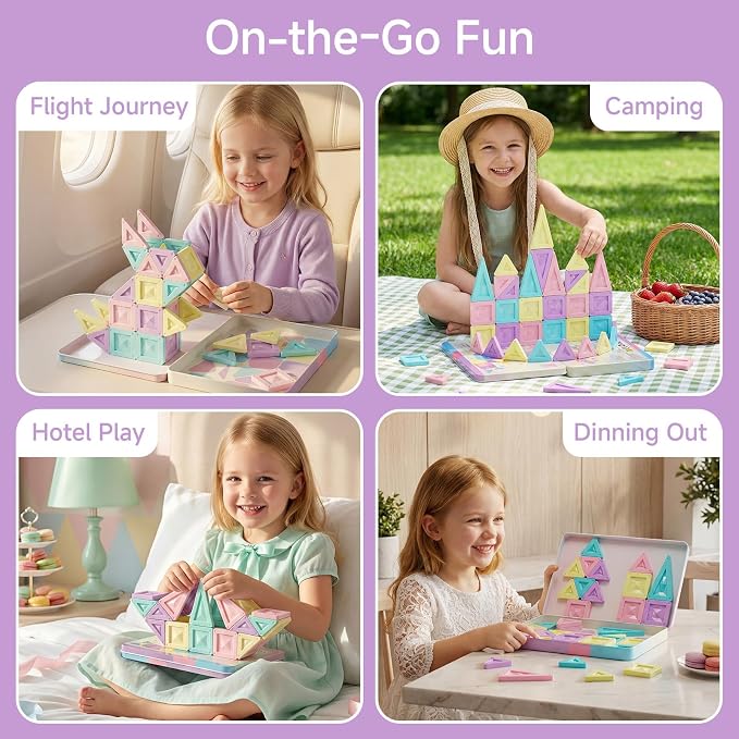 Mini Magnetic Tiles Girls Travel: 40PCS Macaron Blocks with Tin Box | 90 Mins Quiet Play, 45s Cleanup, Strong Magnets Holds 7+ Tiles - Airplane, Car & Road Trip Toys for Kids Age 3-6