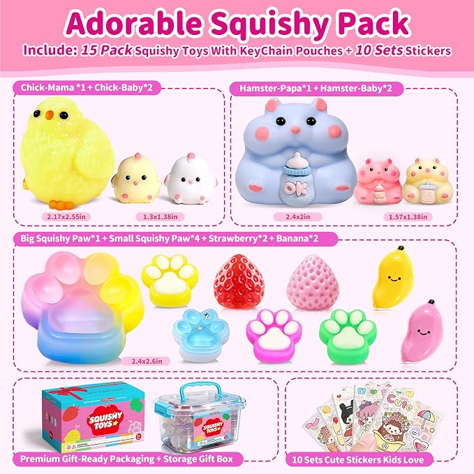 15Pack Taba Squishy Toys Kit -Squishy Fun Box-Squishy Fidget Squeeze Toys | Taba Squishy Party Favors for Kids 8-12-Cute Squishies Stress Relief Toys for Girls 6-8-10-12 Year Old Girls Birthday Gifts