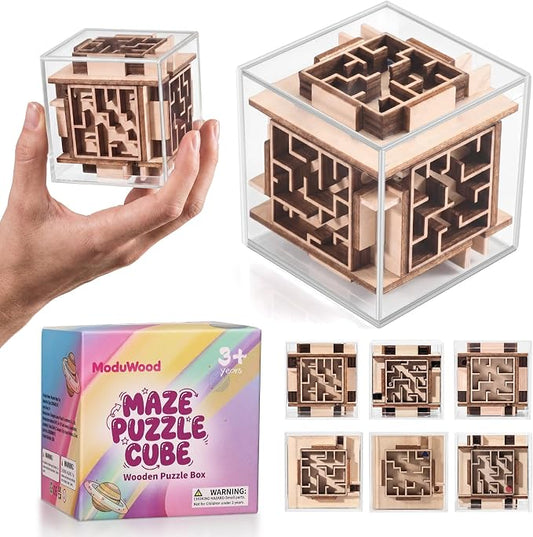 Fidget Brain Teaser Games for Kids: Wooden Puzzle Fidget Toy for Toddlers - Handheld Maze Puzzle Cube for Travel - 3D Labyrinth Game Road Trip Toys for Boys & Girls Ages 3-8