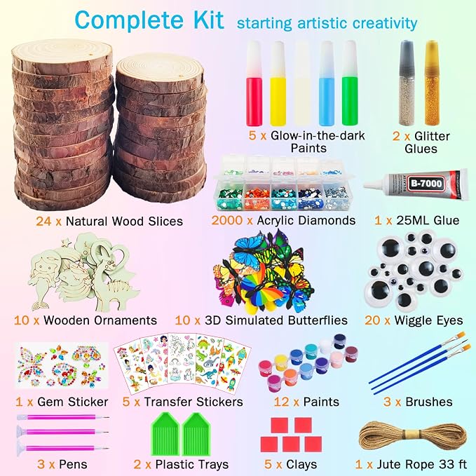 KIRKOTOY Wooden Painting Crafts Kit for Kids with Glow in The Dark | 24 Wood Slices, Arts and Crafts for Kids Ages 6-12, Party Activities Paint Kits, Creative Birthday Gifts for Boys Girls