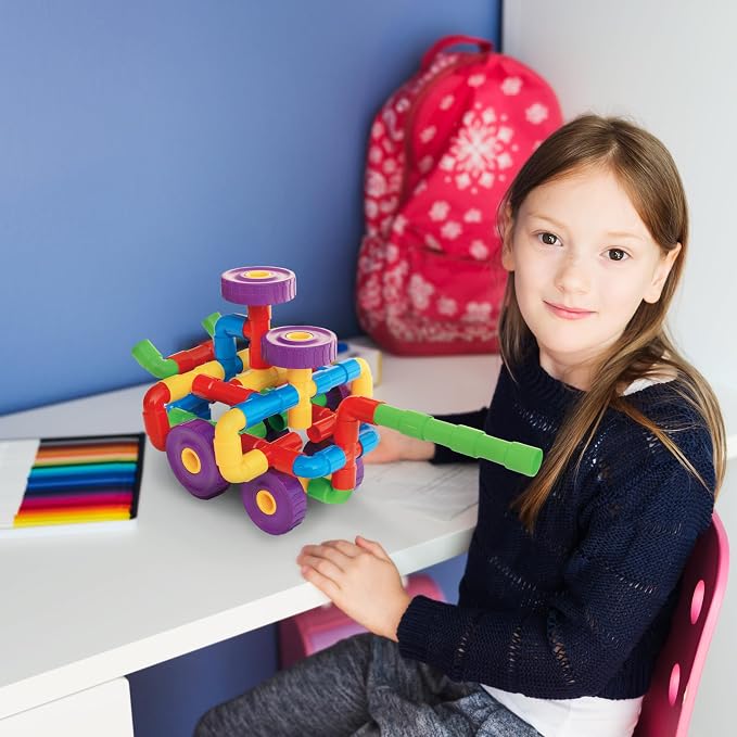 PicassoTiles PTT136 136pcs Tubular Pipes & Spout STEAM Interlocking Educational Building Block Set, Tube Locks, Pipeworks Construction Blocks w/Storage Container Box, Idea Book, Flute Musical Kit | 7 tube styles, easy-connect joints, idea guide, storag...