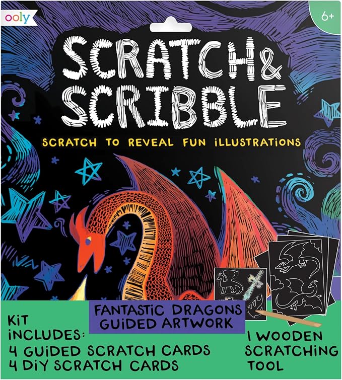 Ooly Scratch & Scribble Art Kit, 8 Cards, Sticker Sheet – Dragons | Ages 6+, Wooden Stylus and Stickers Included, Screen-Free Portable Car and Airplane Travel Activity, Gift for Kids