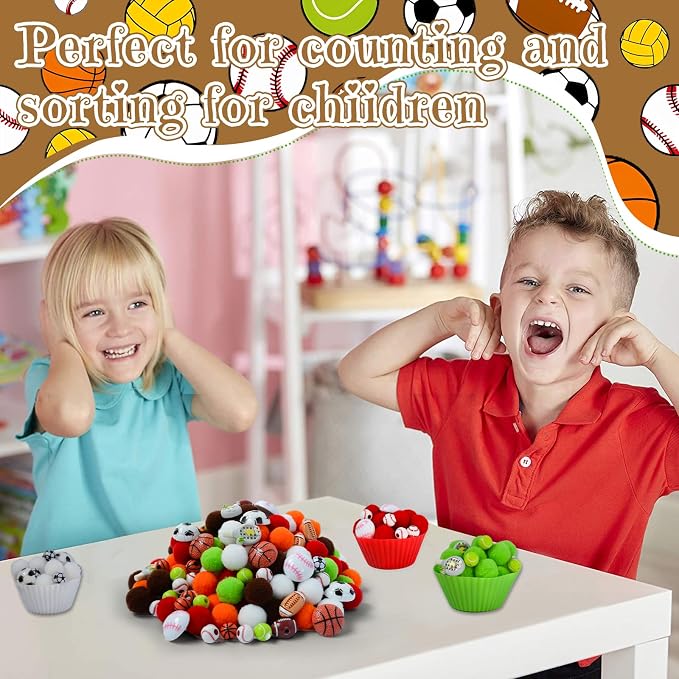 242pcs Sports Balls Sensory Bin Filler Fine Motor Toys Ball Sensory Bin Items Easter Soccer Baseball Basketball Football Tennis Sensory Bin Items Pom Poms for Color Counting Sorting